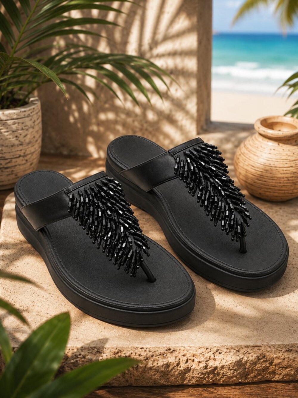 FitFlop Black Beaded Fringe Toe-Post Thong Sandals Comfort Microwobbleboard Sole